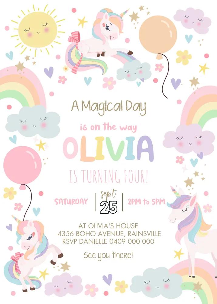 Rainbow Unicorn Birthday Invitation | Editable Canva Template Magical Party