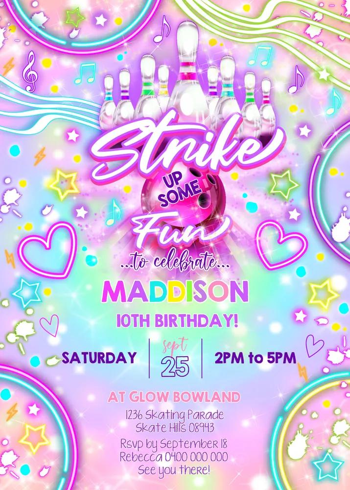 Neon Glow Bowling Birthday Invitation - Editable Canva Template