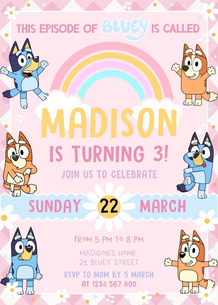 Editable Bluey Girl Birthday Invitation | Pink Bluey Party Template Canva