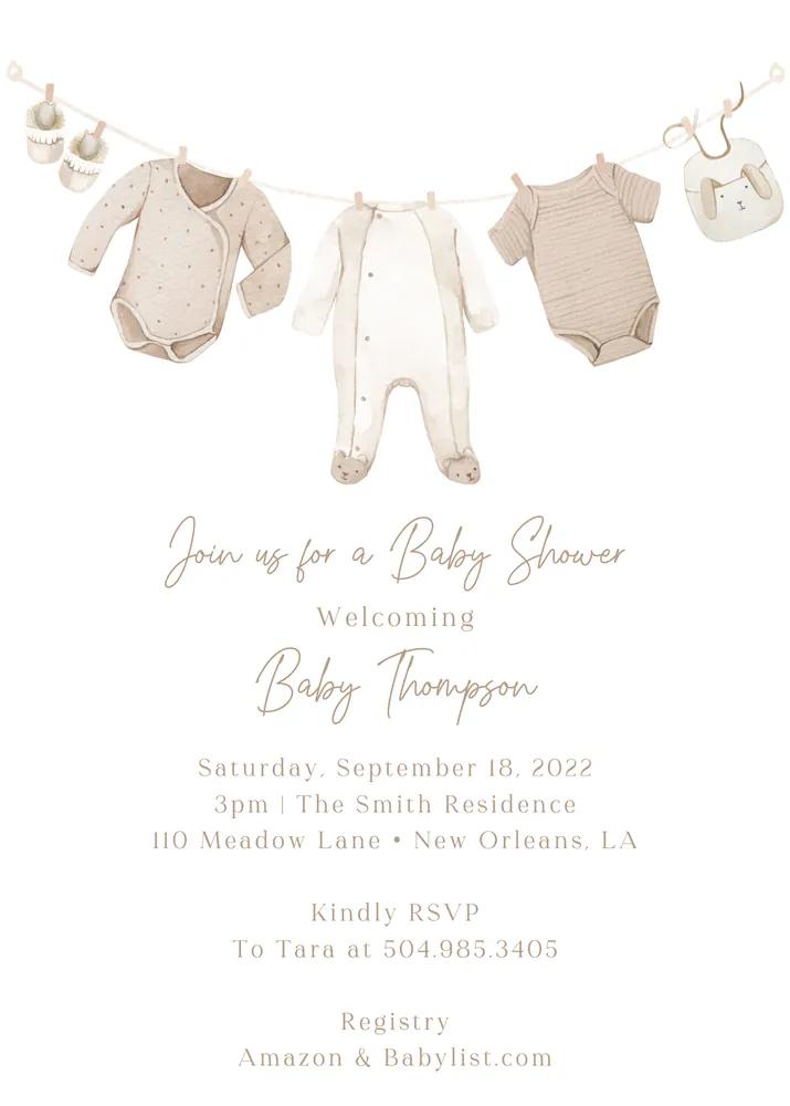 Neutral Baby Shower Invitation | Clothesline Boho Invite | Canva Template