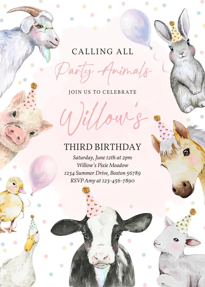 Pink Farm Animals 1st Birthday Invitation, Editable Canva Girl Barnyard Template