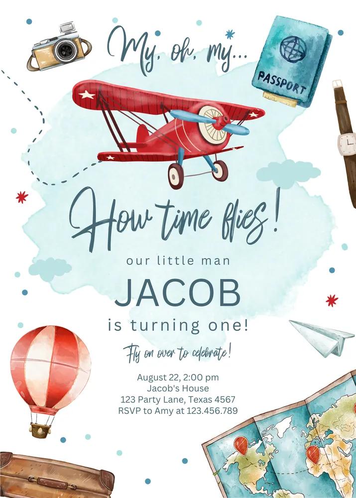 Airplane Birthday Invitation | Oh My Time Flies Editable Canva Template