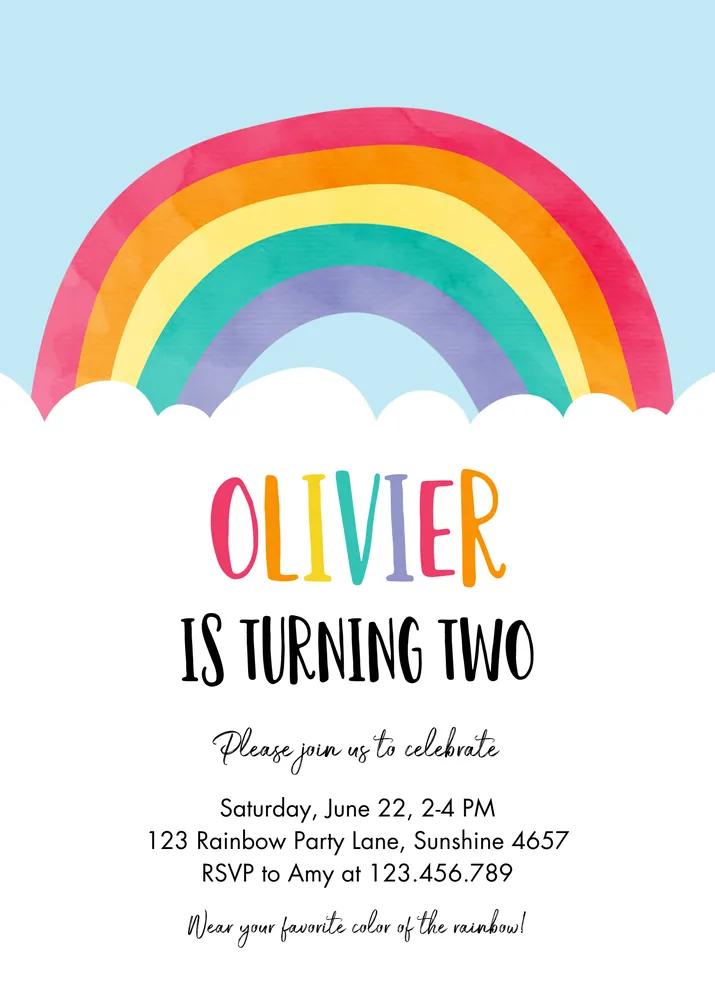 Rainbow Birthday Invitation | Editable Canva Template | Neutral Clouds Blue