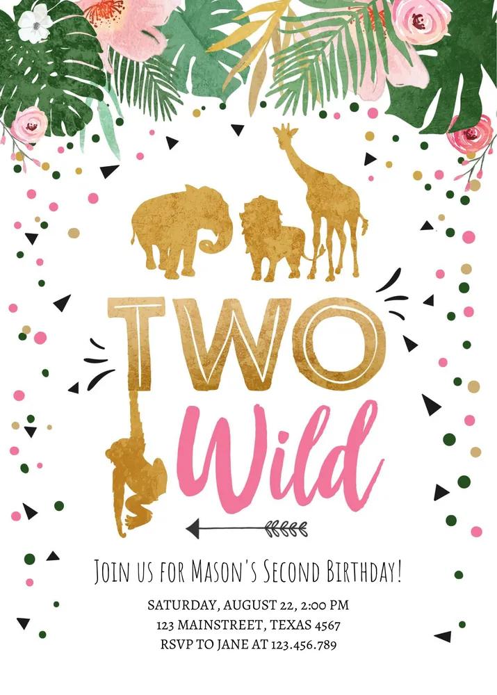 Two Wild Birthday Invitation Pink Gold Safari Animal Editable Canva Template