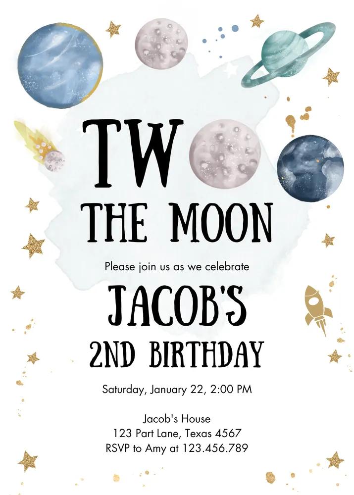 Two the Moon 2nd Birthday Invitation - Space Astronaut Canva Template