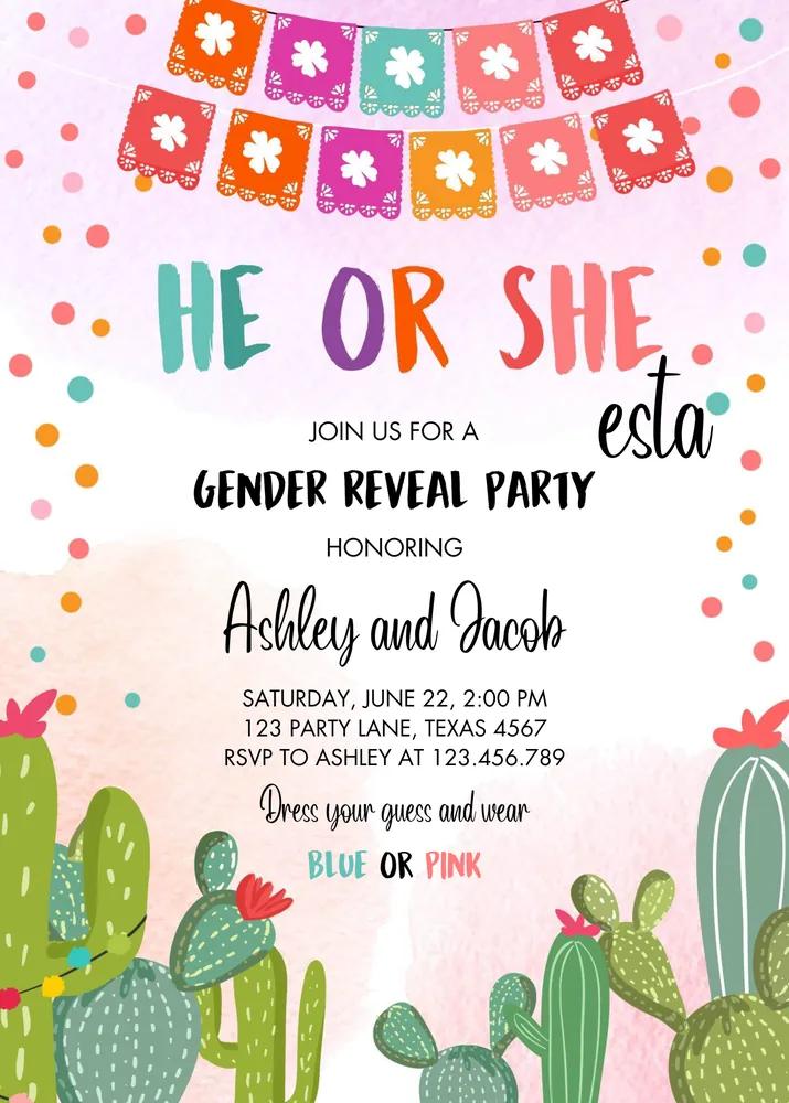 Fiesta Gender Reveal Invitation | Editable Canva Template | Mexican She-esta
