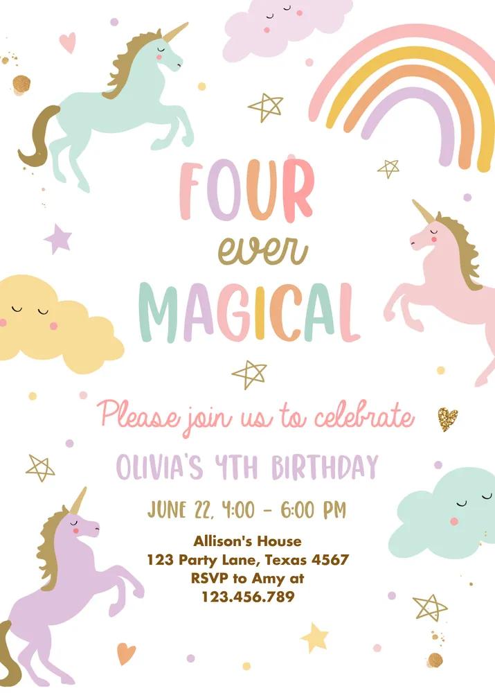 Unicorn 4th Birthday Invitation | Editable Canva Template | Four Ever Magical