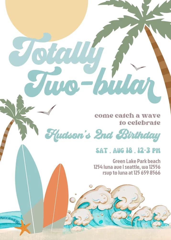 Boy Surf 2nd Birthday Invitation Canva Template | Totally Two-bular Surfboard