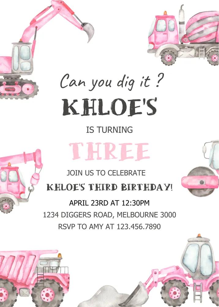 Pink Construction Birthday Invitation Girl 3rd Bday Canva Template Any Age