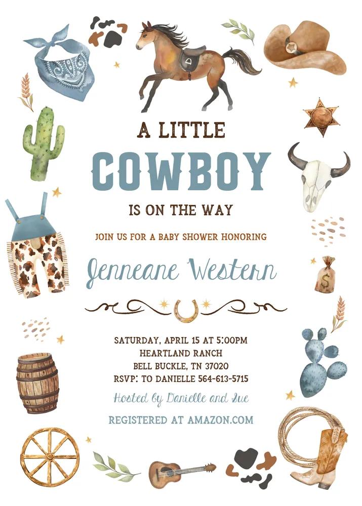 Cowboy Baby Shower Invitation Blue Wild West Canva Template Boy Invite