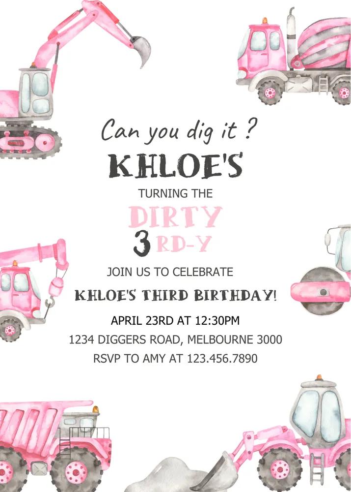 Pink Girl Construction 3rd Birthday Invitation | Editable Canva Template