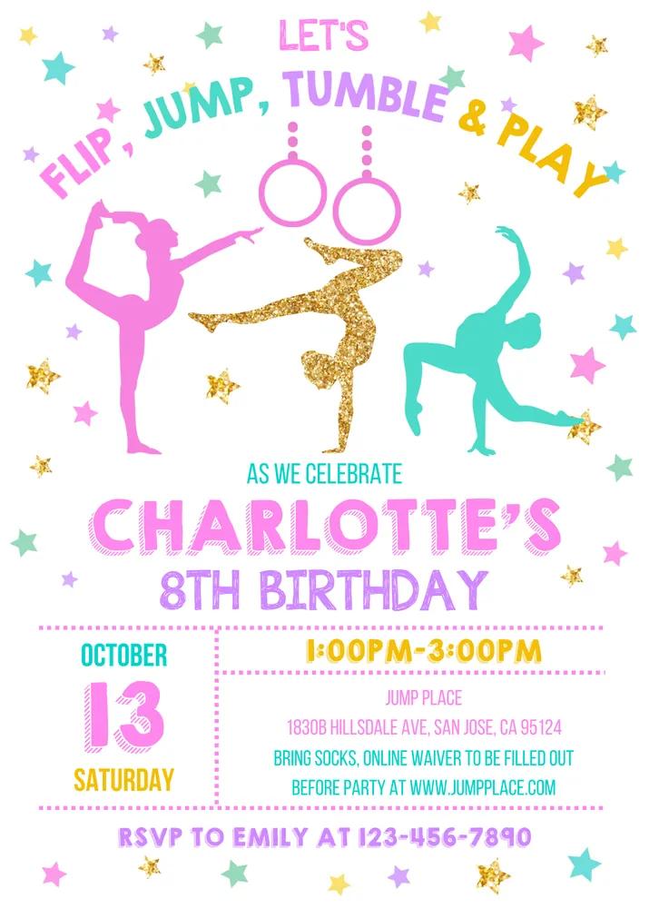 Gymnastics Birthday Invitation Girl Pink Gold Canva Template Instant Download