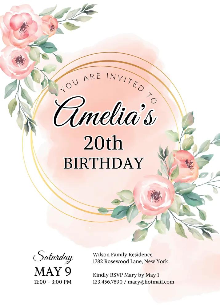 Peony Flower Birthday Invitation - Editable Canva Template Pink Floral Invite