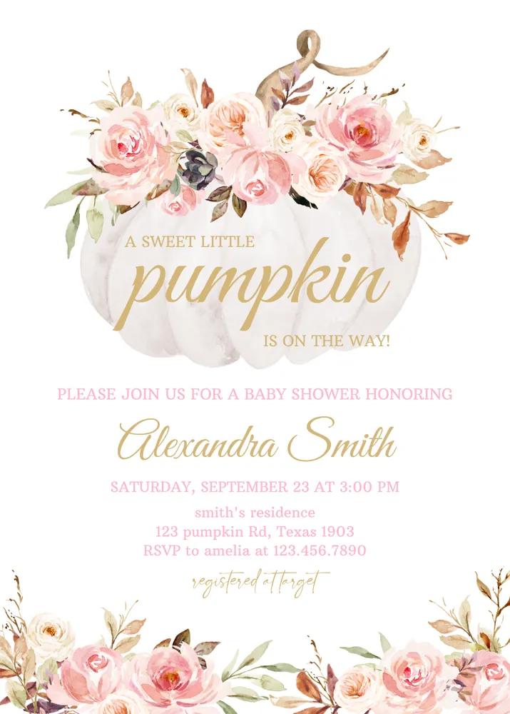 Pink Floral Pumpkin Baby Shower Invitation Canva Template Girl Fall Invite