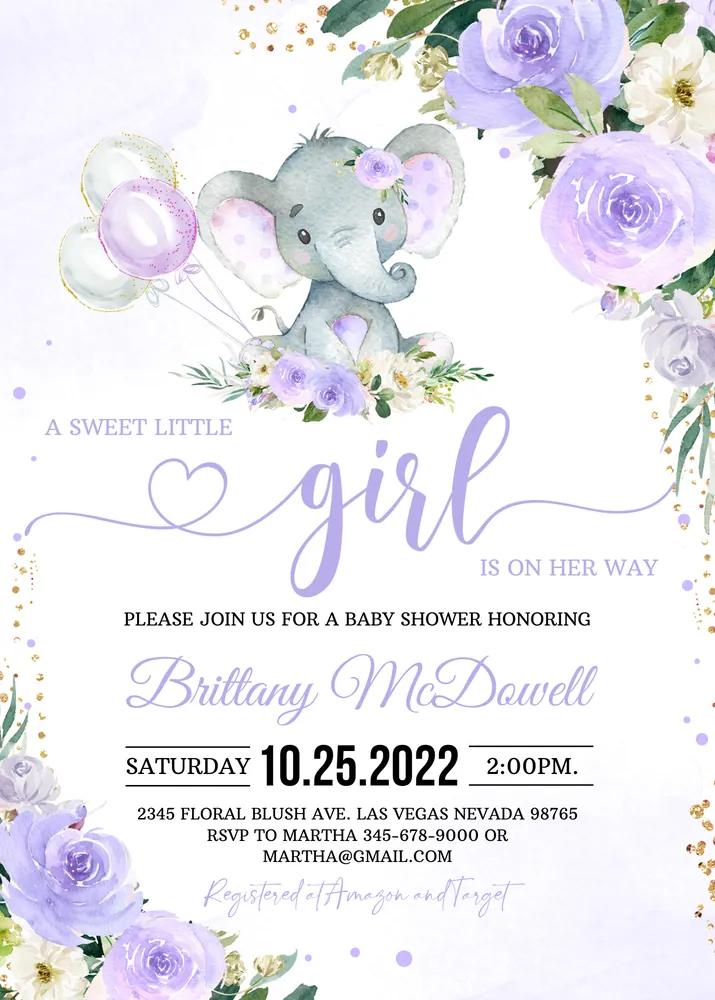 Purple Elephant Baby Shower Invitation | Girl Elephant Invite Canva Template