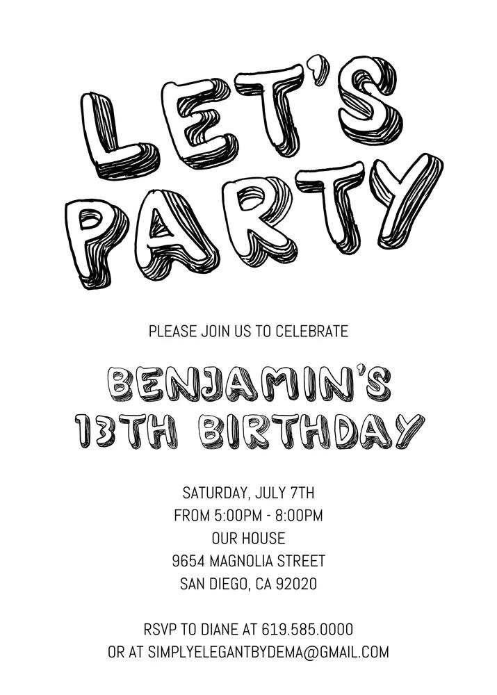 Editable Black and White Birthday Invitation Canva Template - Any Age Kids Teens