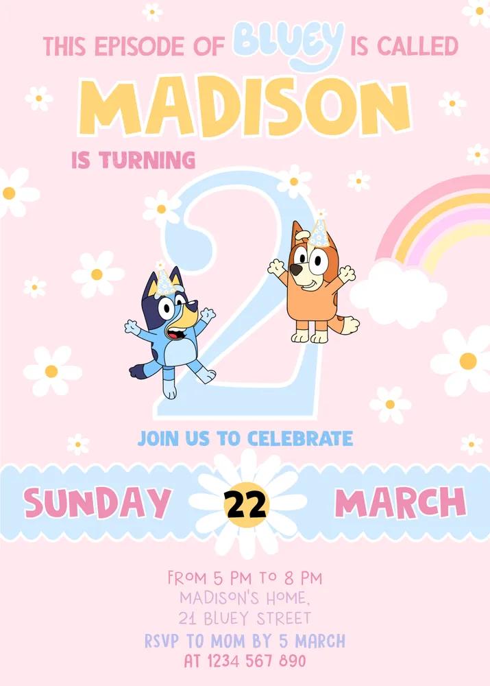 Baby Bluey Girl 2nd Birthday Invitation | Editable Canva Template Pink