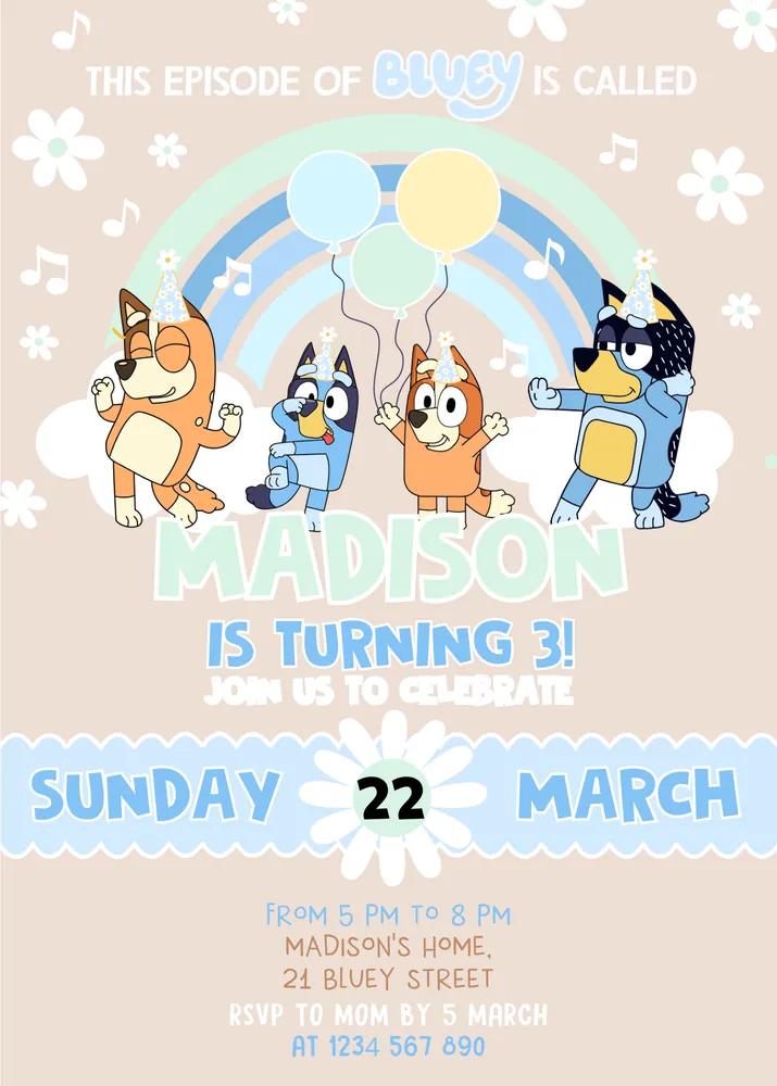 Editable Bluey 3rd Birthday Invitation | Pink & Blue Girl Canva Template