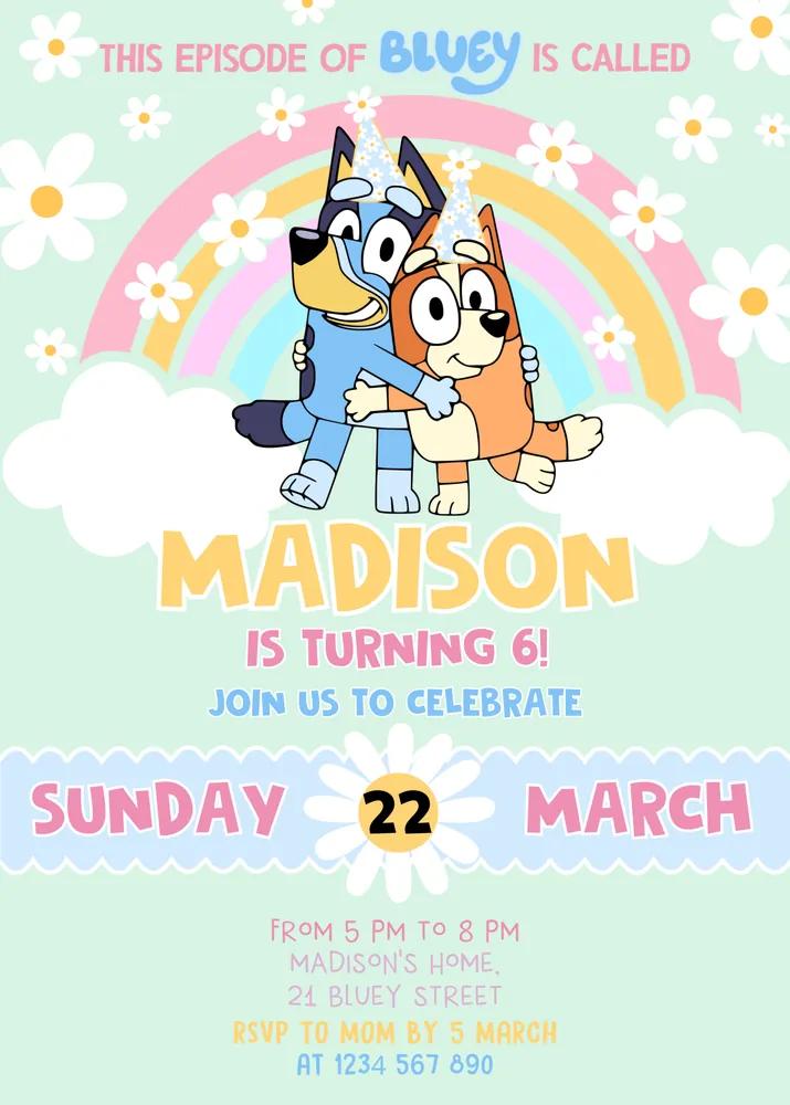 Bluey Girl 6th Birthday Invitation | Editable Canva Template Instant Download