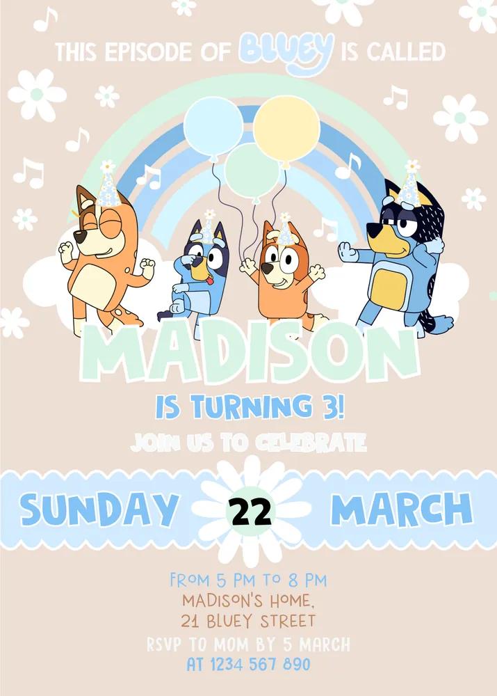 Editable Bluey 3rd Birthday Invitation | Blue Boy Canva Template Instant Download