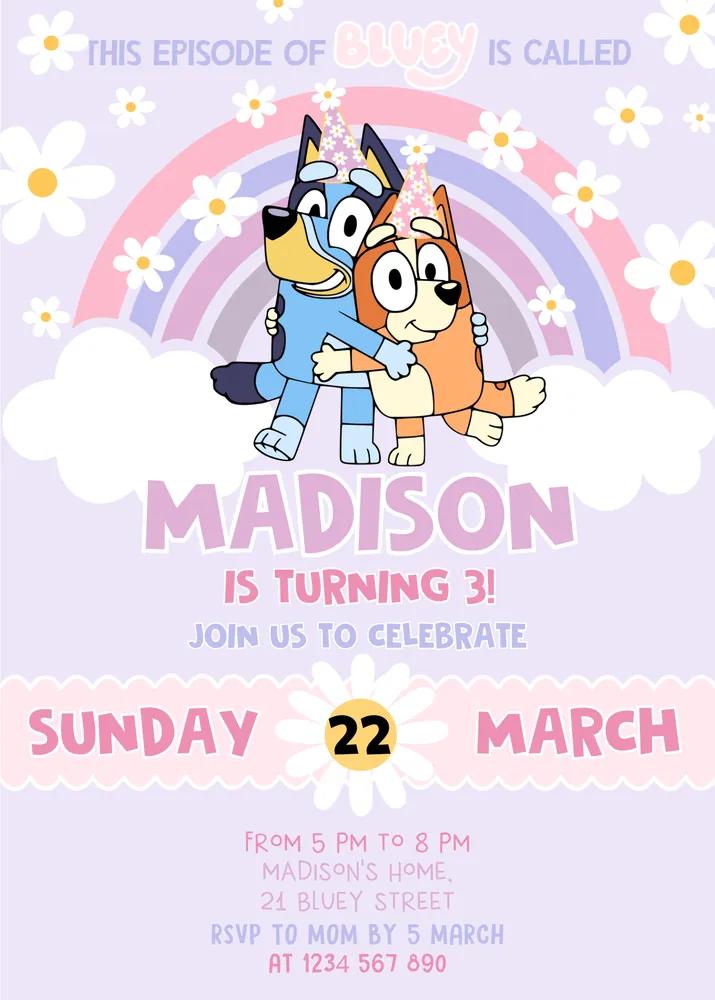 Editable Bluey Girl Birthday Invitation | Pink Bluey Party Invite Canva Template
