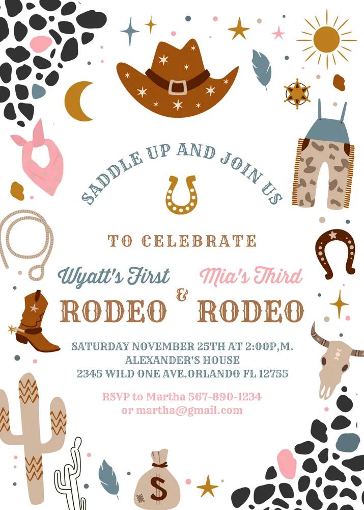 My First Rodeo Joint Birthday Invitation | Editable Canva Template Wild West