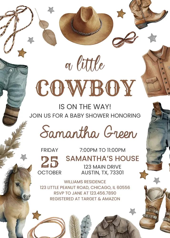 Blue Cowboy Baby Shower Invitation Pack - Editable Rodeo Canva Template