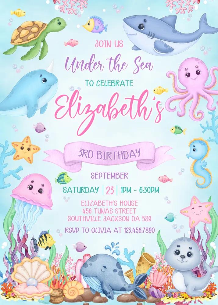 Under the Sea Birthday Invitation Template, Ocean Animal Party Invite & Tags