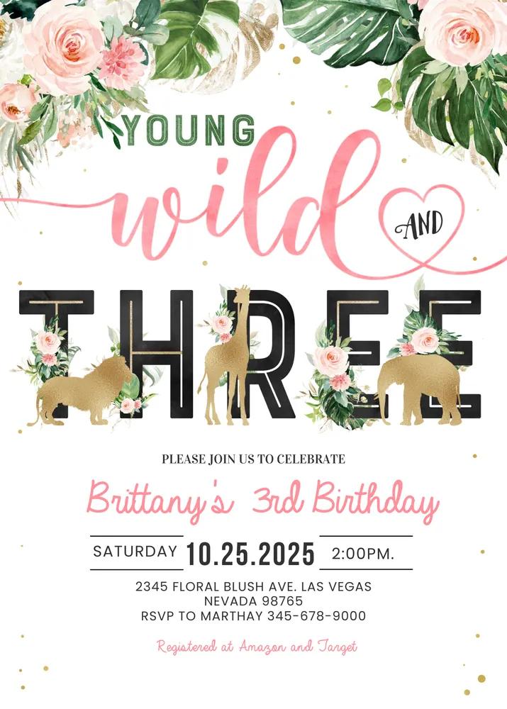 Jungle Gold Girl 3rd Birthday Invitation | Young Wild and Three Canva Template