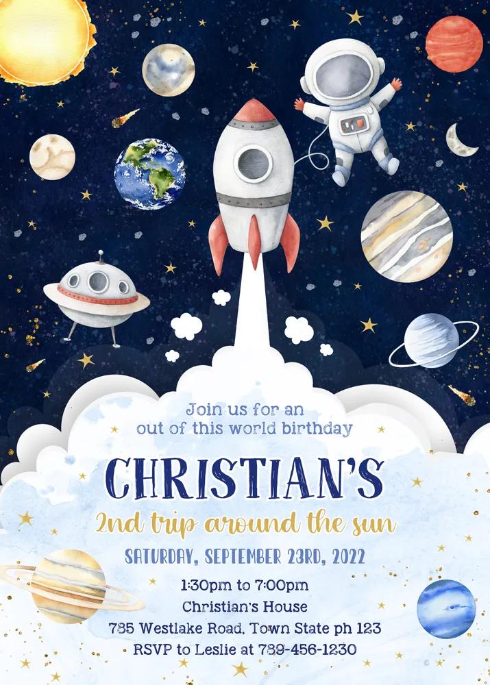 Outer Space Birthday Invitation Template, Galaxy Astronaut Rocket Ship Invite