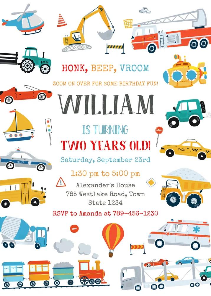 Transportation Birthday Invitation Template | Editable Canva Invite | Boys Party