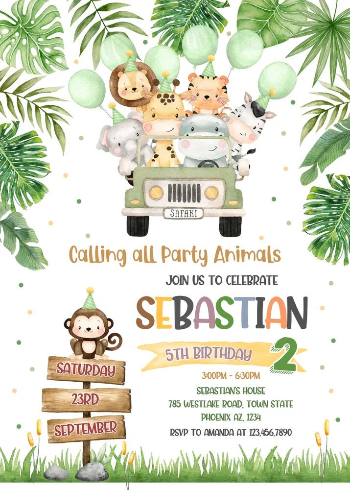 Safari Wild One 1st Birthday Invitation | Editable Canva Jungle Animals Template