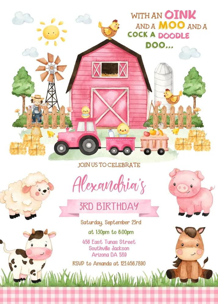 Farm Pink Birthday Invitation | Editable Canva Template | Barnyard Girl Invite