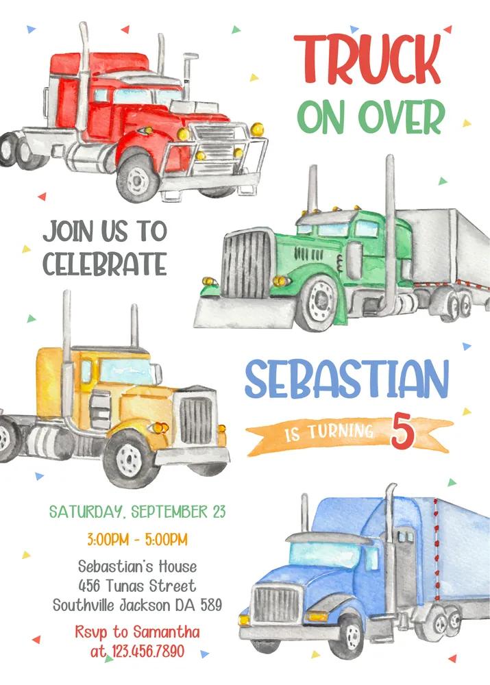 Semi-Truck Birthday Invitation - Editable Canva Template Instant Download