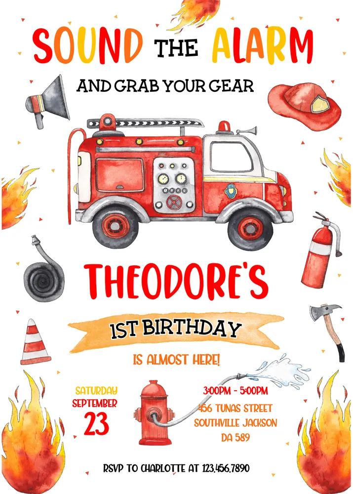 Firetruck Birthday Invitation Template - Editable Firefighter Party Invite