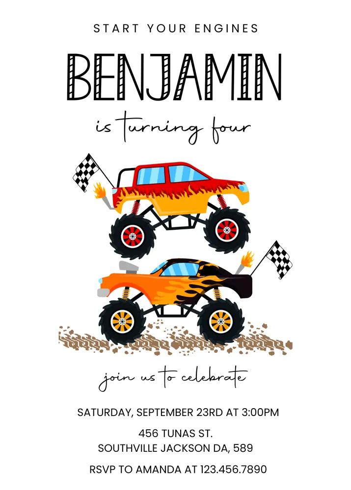 Monster Truck & Kpop Demon Hunter Birthday Invitation Canva Template