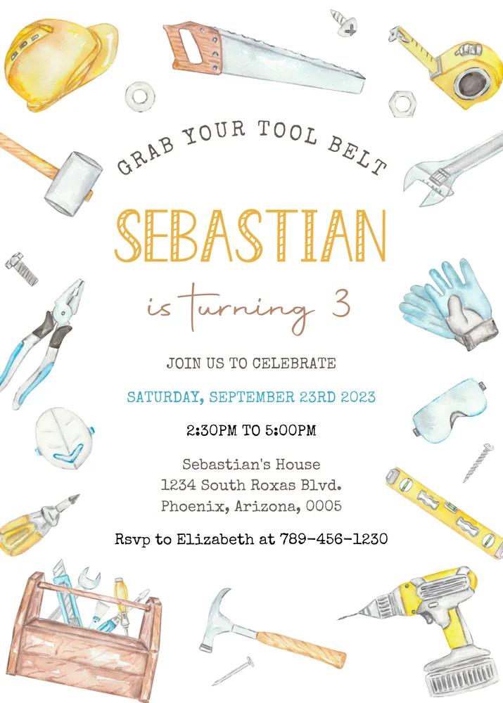 Construction Tools Birthday Invitation | Editable Canva Template Instant Download