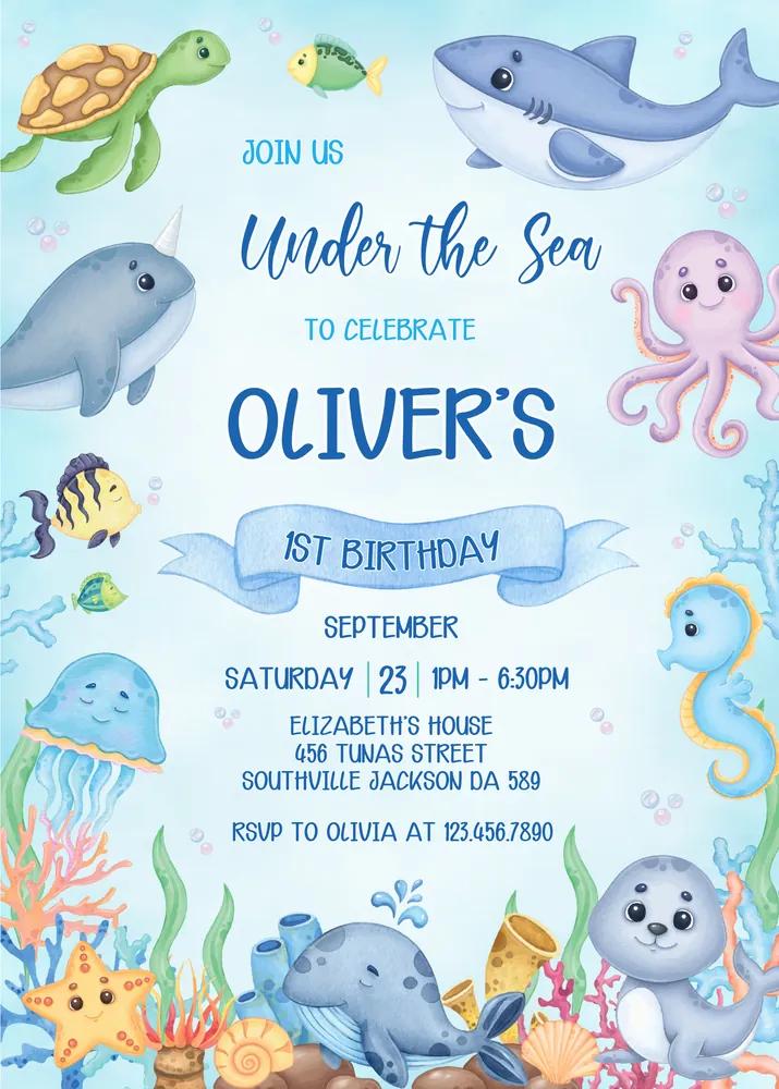 Under the Sea Birthday Invitation Canva Template | Ocean Animals Party Invite