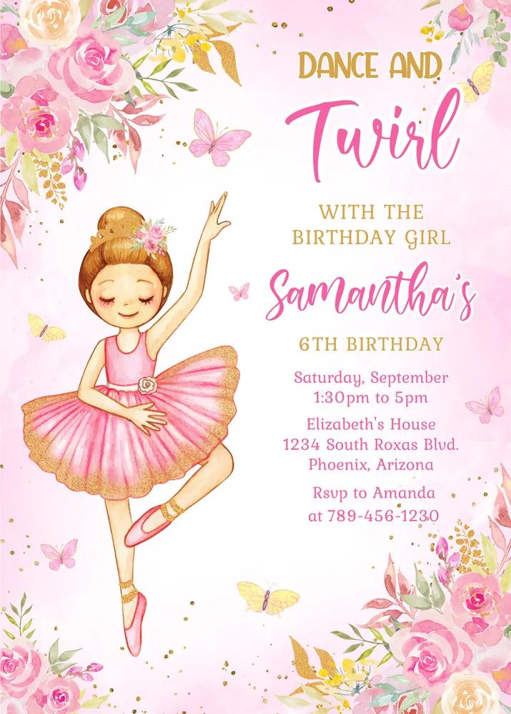 Ballerina Birthday Invitation Template | Editable Ballet Party Invite Canva