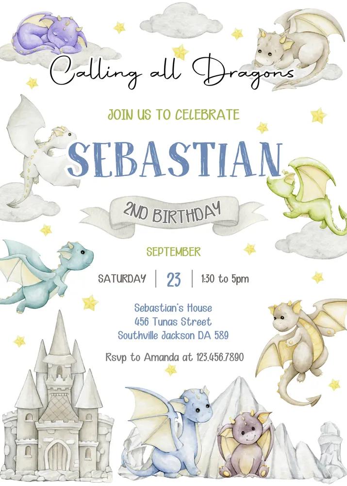 Dragon Birthday Party Invitation - Editable Canva Template Instant Download
