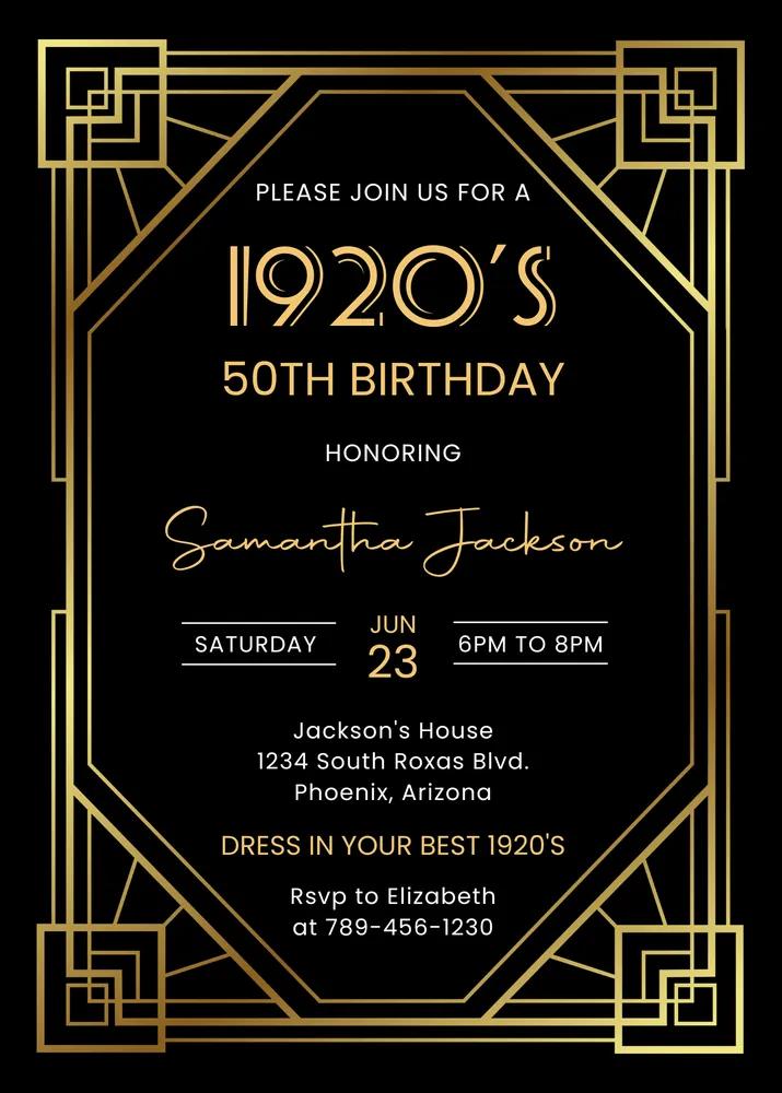 Art Deco Birthday Invitation Canva Template, Gatsby 30th 40th 50th Party Invite