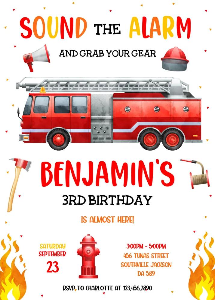 Firetruck Birthday Invitation | Editable Firefighter Party Template | Canva DIY