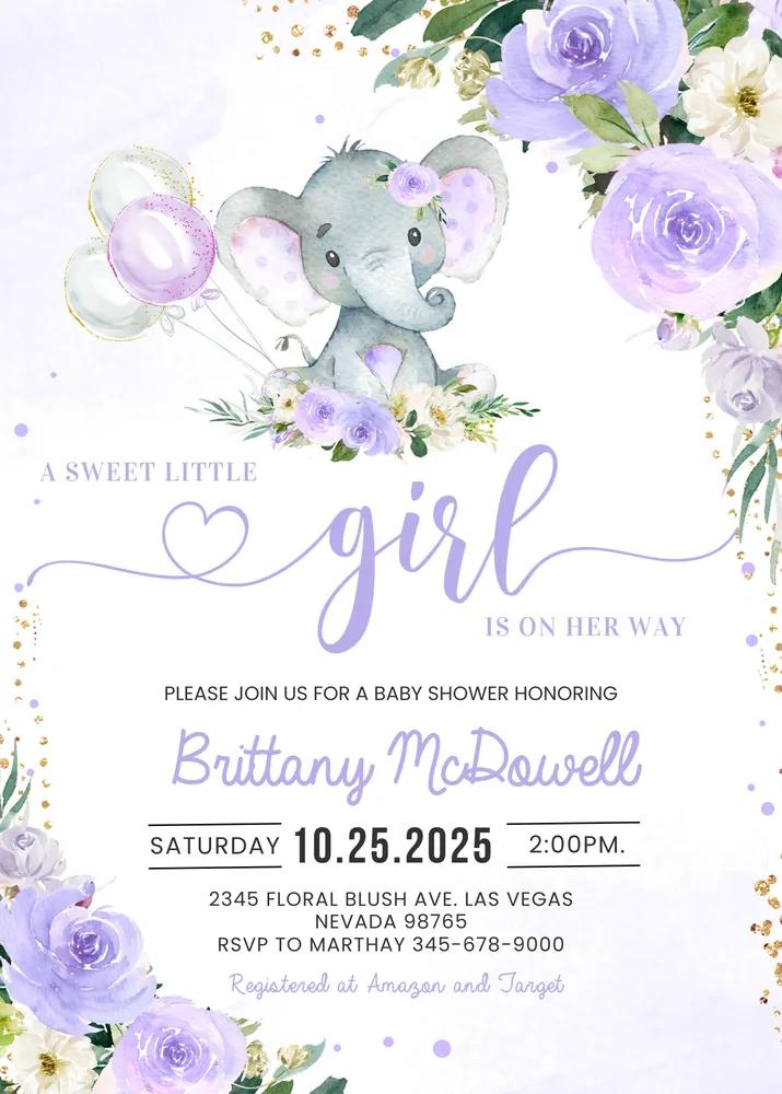 Purple Elephant Baby Shower Invitation | Girl Canva Template Instant Download