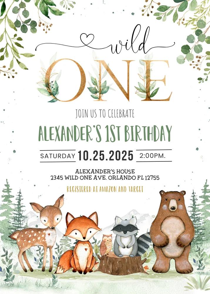 Woodland First Birthday Invitation | Wild One Editable Canva Template