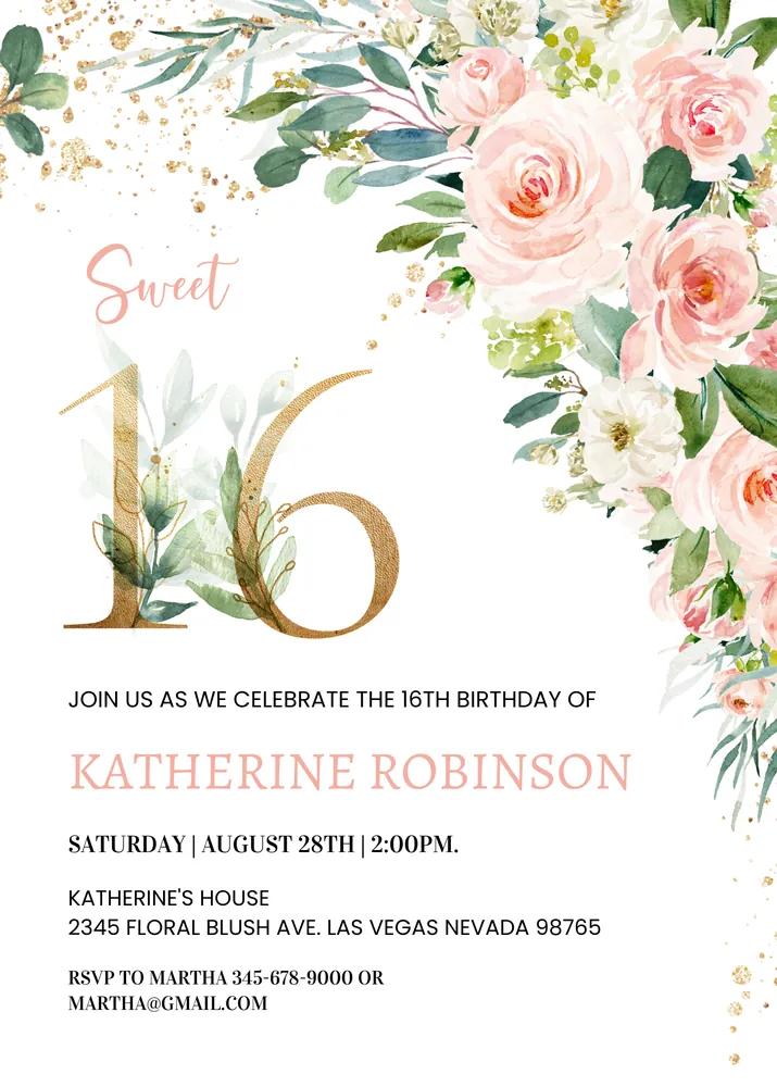 Pink Floral Sweet 16 Invitation Template | Editable Watercolor Birthday Invite
