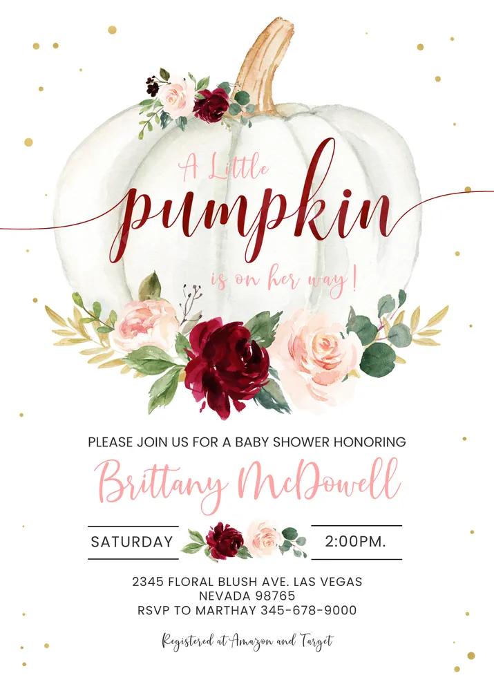 Little Pumpkin Girl Baby Shower Invitation Canva Template Burgundy Fall Autumn