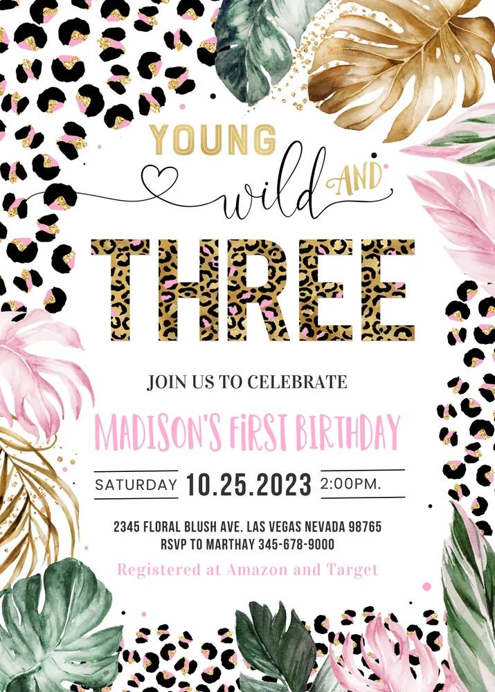 Young Wild and Three Leopard Jungle Birthday Invitation Canva Template