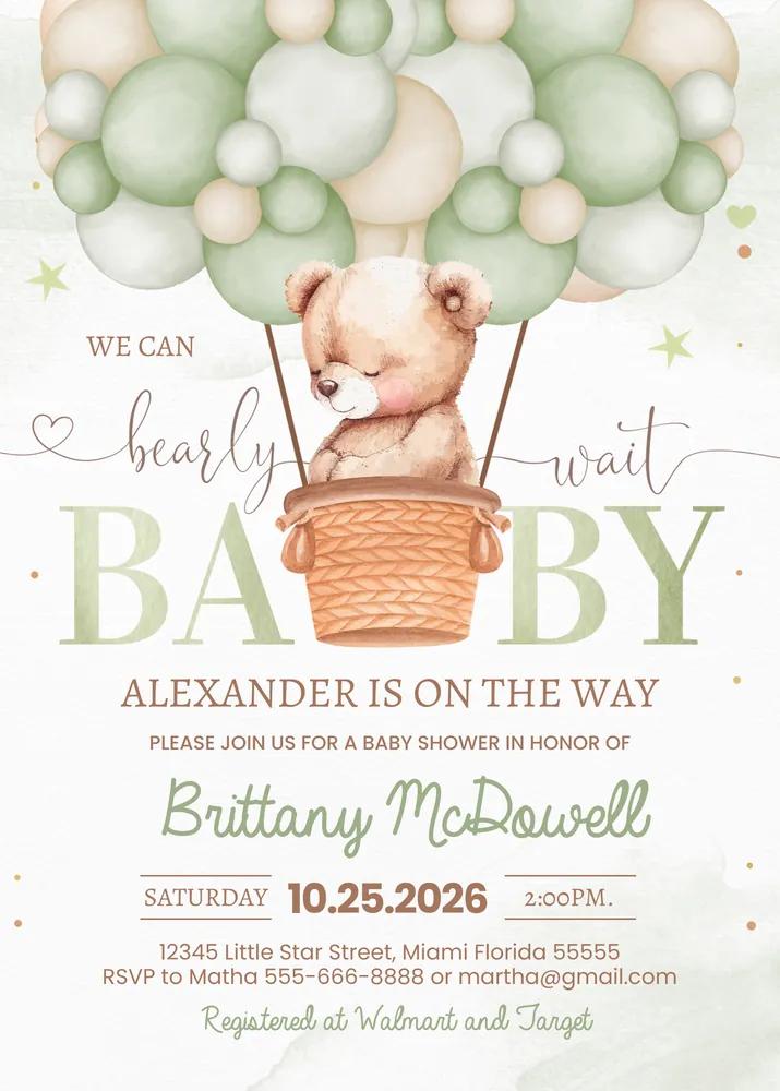 We Can Bearly Wait Baby Shower Invite, Green Teddy Bear Hot Air Balloon Template