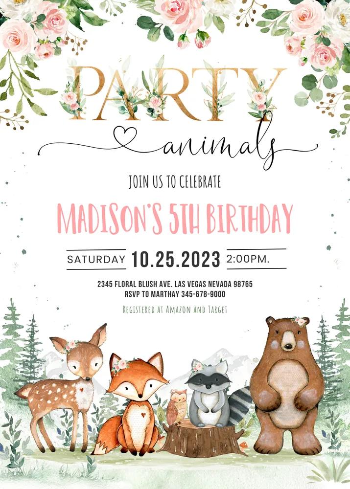 Woodland Birthday Invitation | Girl Party Animals Canva Template | Instant Access