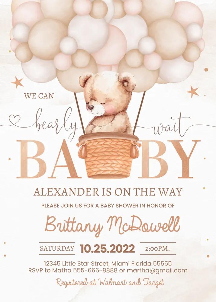 We Can Bearly Wait Baby Shower Invitation, Teddy Bear Hot Air Balloon Canva